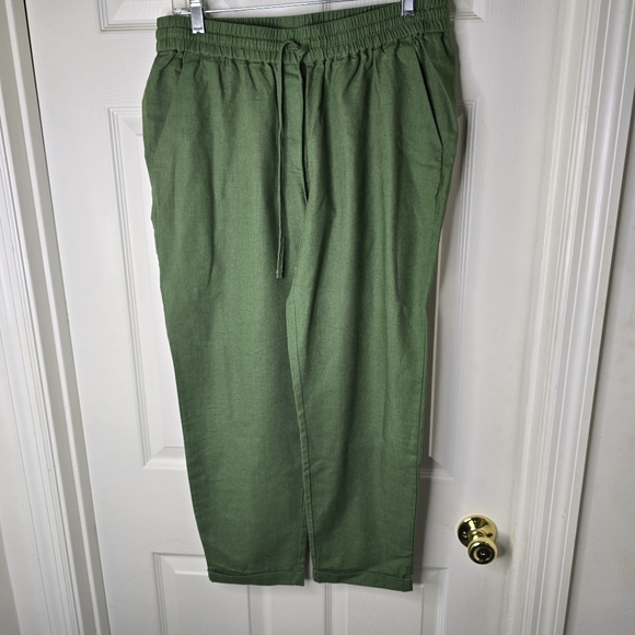 Green linen cotton elastic waist womens pockets pants. 10 - Picture 1 of 9